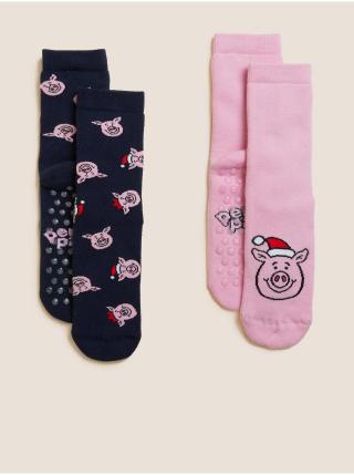 Sada dvou párů dětských ponožek v růžové a tmavě modré barvě Marks & Spencer Prasátko Percy™