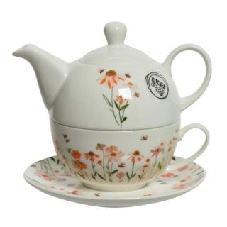 Šálek a čajová konvice porcelánová s květy a včelami