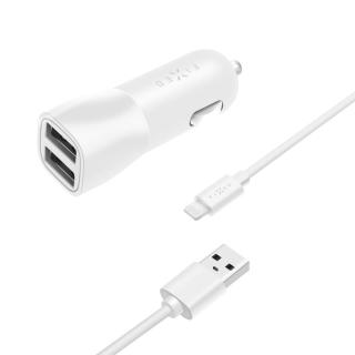 Set autonabíječky FIXED s 2xUSB výstupem a USB/Lightning kabelu,1 metr, MFI certifikace,15W Smart Rapid Charge, bílá