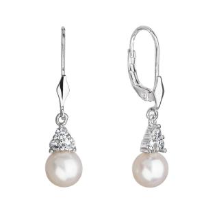 Stříbrné visací náušnice s bílou říční perlou a zirkony 21062.1