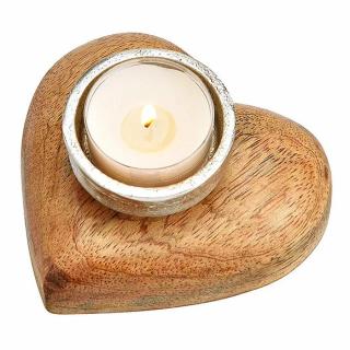 Svícen z mangového dřeva pro čajové svíčky Srdce - 10 x 5 cm