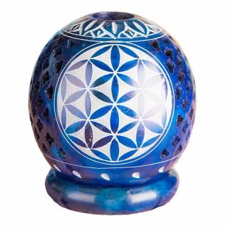 Svícen z mastku koule s Květinou života modrá - 8,5 x 7,5 cm