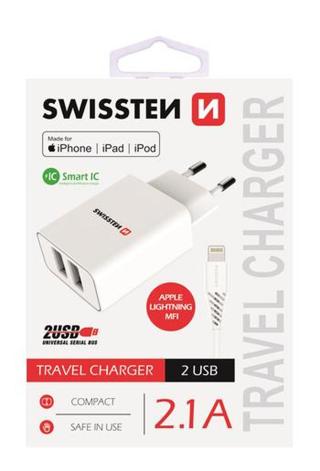 SWISSTEN SÍŤOVÝ ADAPTÉR SMART IC 2x USB 2,1A POWER + DATOVÝ KABEL USB / LIGHTNING MFi 1,2 M, BÍLÁ