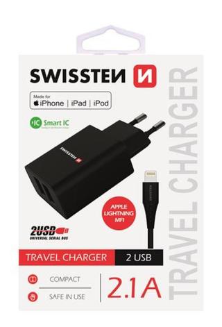 SWISSTEN SÍŤOVÝ ADAPTÉR SMART IC 2x USB 2,1A POWER + DATOVÝ KABEL USB / LIGHTNING MFi 1,2 M, ČERNÁ