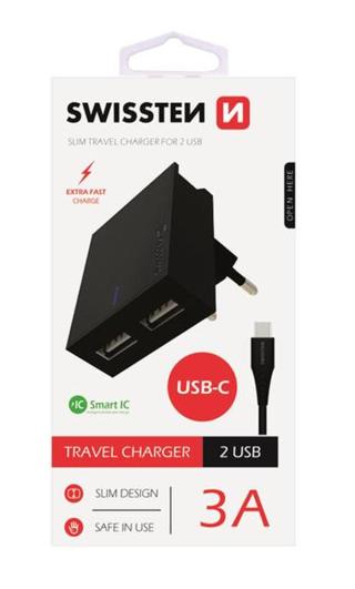 SWISSTEN SÍŤOVÝ ADAPTÉR SMART IC 2x USB 3A POWER + DATOVÝ KABEL USB / TYPE C 1,2 M, ČERNÁ