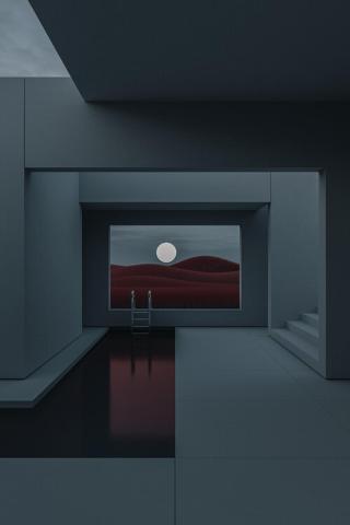 Umělecká fotografie Minimal interior with a red field at night series 2, Javier Pardina,