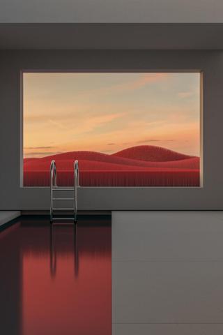 Umělecká fotografie Minimal interior with a red field at sunset series 1, Javier Pardina,