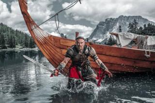 Umělecký tisk Viking Warrior sailing on a fjord, Lorado,