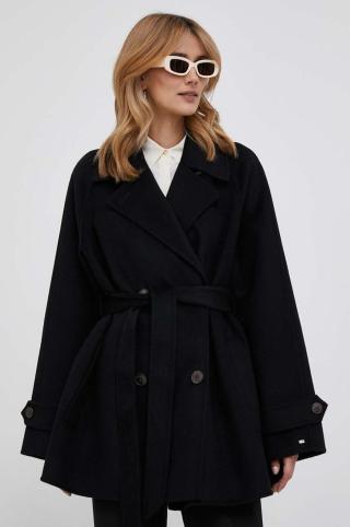 Vlněný kabát Tommy Hilfiger černá barva, přechodný, oversize
