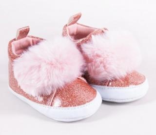 YO ! Kojenecké boty/capáčky lakýrky Girl s kožešinou - růžový brokát, vel. 56-68