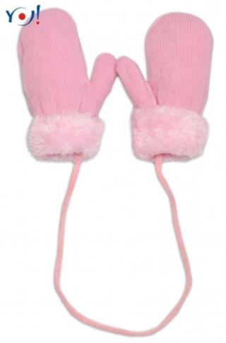 YO! Zimní kojenecké rukavičky s kožíškem - se šňůrkou YO - sv. růžové/růžový kožíšek, vel. 80-92