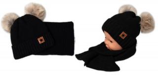 Zimní čepice s kožešinovými bambulemi + šál Baby Nellys Star - černá, vel. 38-40 cm, vel. 56-68