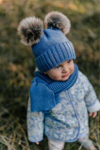 Zimní čepice s kožešinovými bambulemi + šál Baby Nellys Star - modrá, vel. 38-40 cm, vel. 56-68