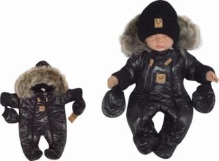 Zimní kombinéza s dvojitým zipem, kapucí a kožešinou + rukavičky Z&amp;Z, Angel - černý, vel. 56